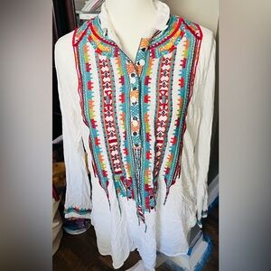 Johnny Was White Tunic with Colorful Embroidery